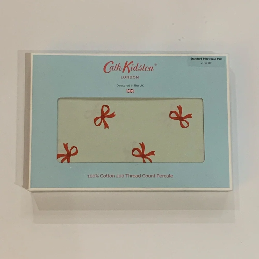 Cath Kidston London Bow Pillowcase Set - Ruby Sage, Percale cotton, 21"x28", NIB - Picture 10 of 10